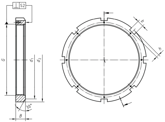 Technical drawing showing DIN 981 KM lock nut dimensions